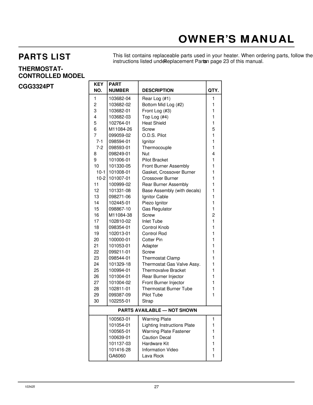 Desa CGG3630P, CGG3324P(T), CGG2618P installation manual CGG3324PT, KEY Part Number Description QTY 