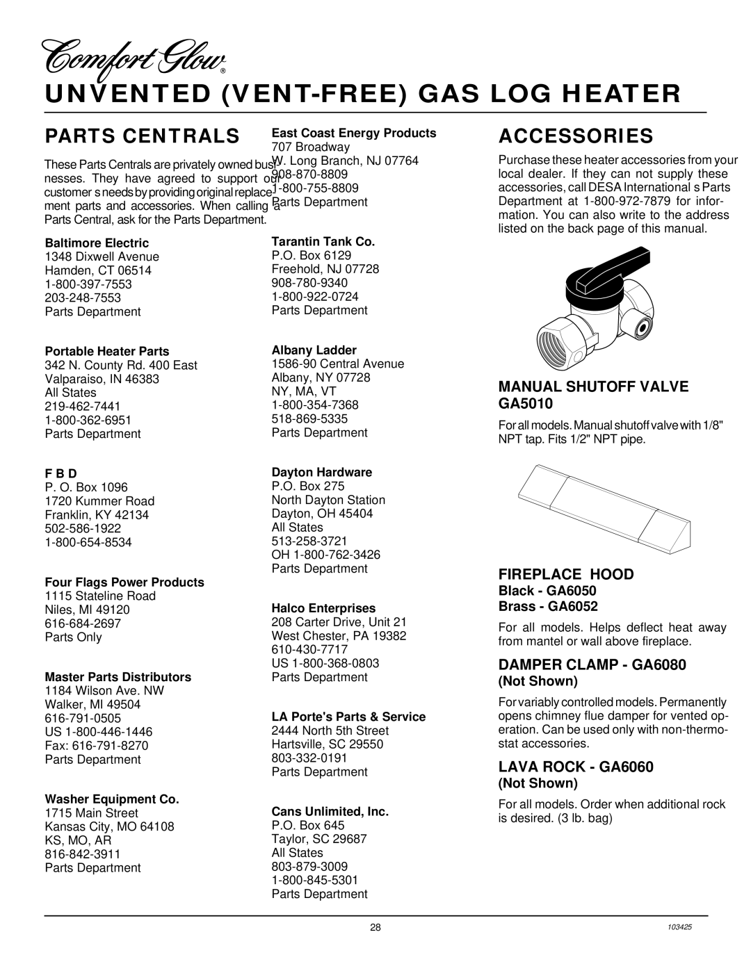 Desa CGG3324P(T), CGG3630P, CGG2618P installation manual Parts Centrals, Accessories 