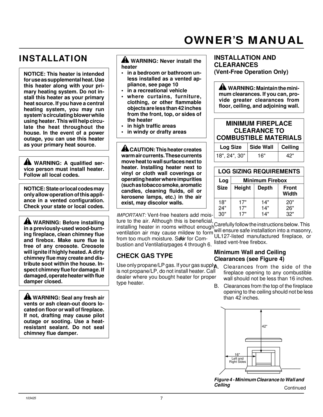 Desa CGG3324P(T) Check GAS Type, Installation Clearances, Minimum Fireplace Clearance to Combustible Materials 