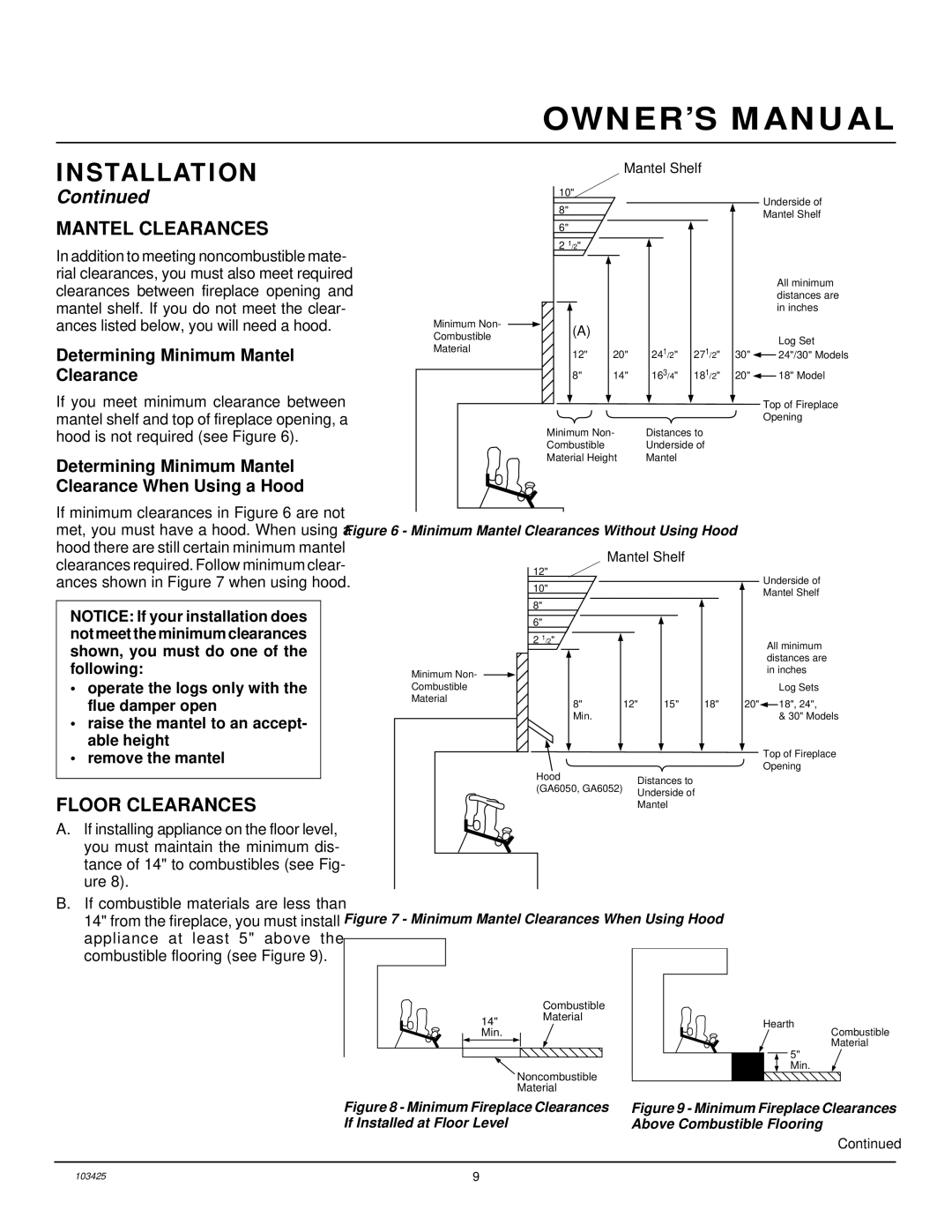 Desa CGG3630P, CGG3324P(T), CGG2618P Mantel Clearances, Floor Clearances, Determining Minimum Mantel Clearance 