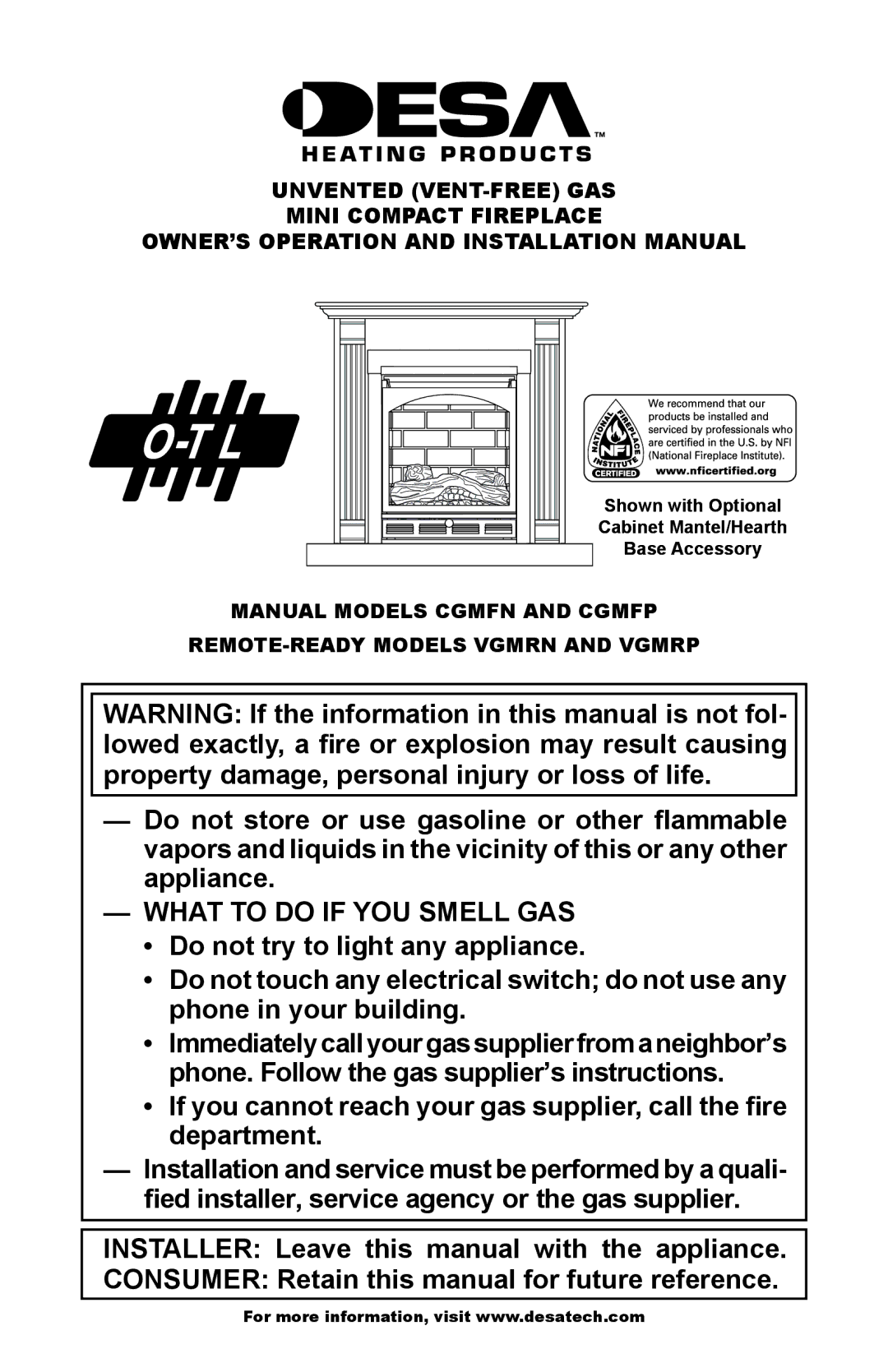 Desa CGMFP, CGMFN, VGMRN, VGMRP installation manual OWNER’S Operation and Installation Manual 