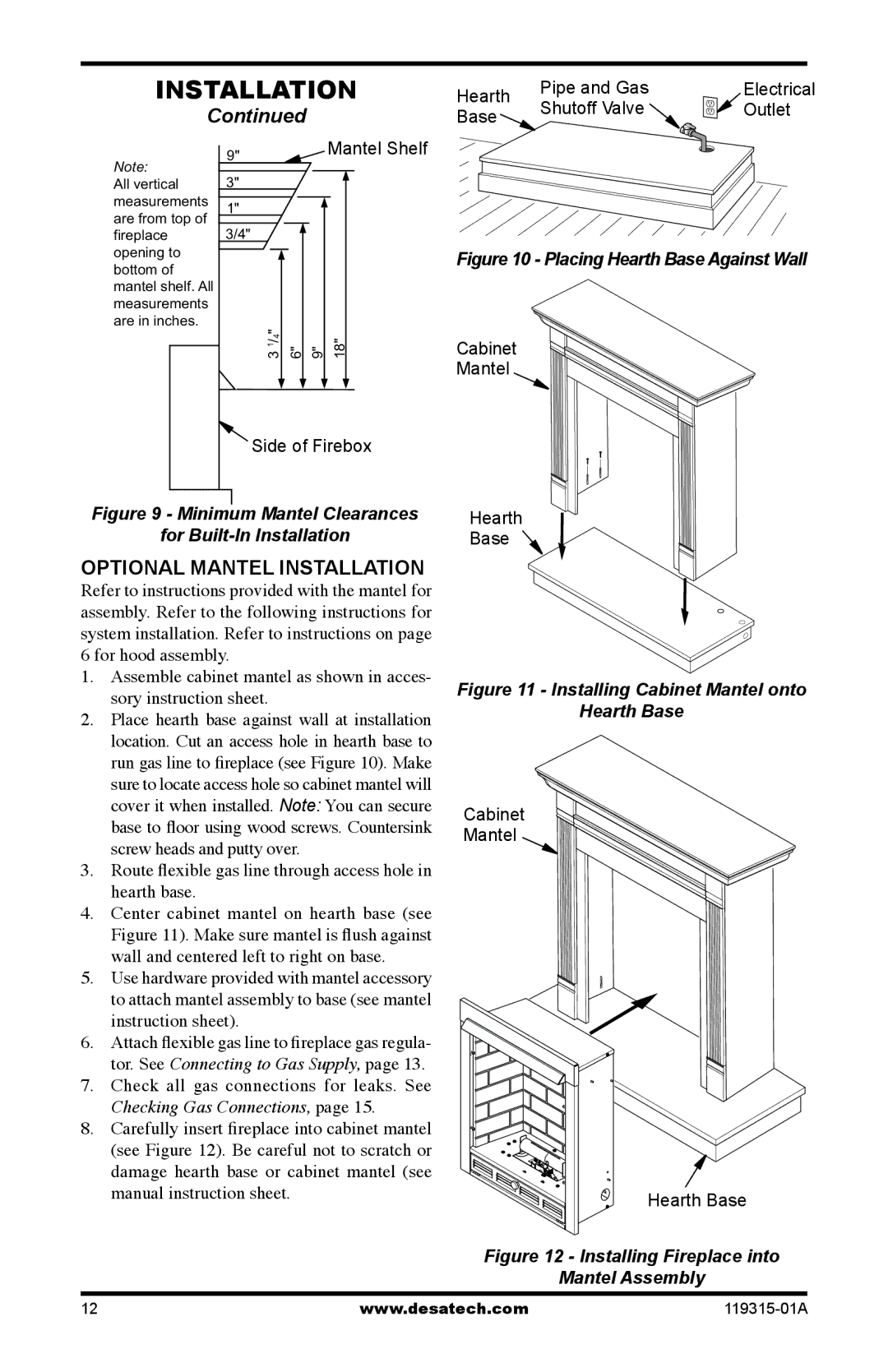 Desa CGMFN, CGMFP, VGMRN, VGMRP Placing Hearth Base Against Wall, Route flexible gas line through access hole in hearth base 