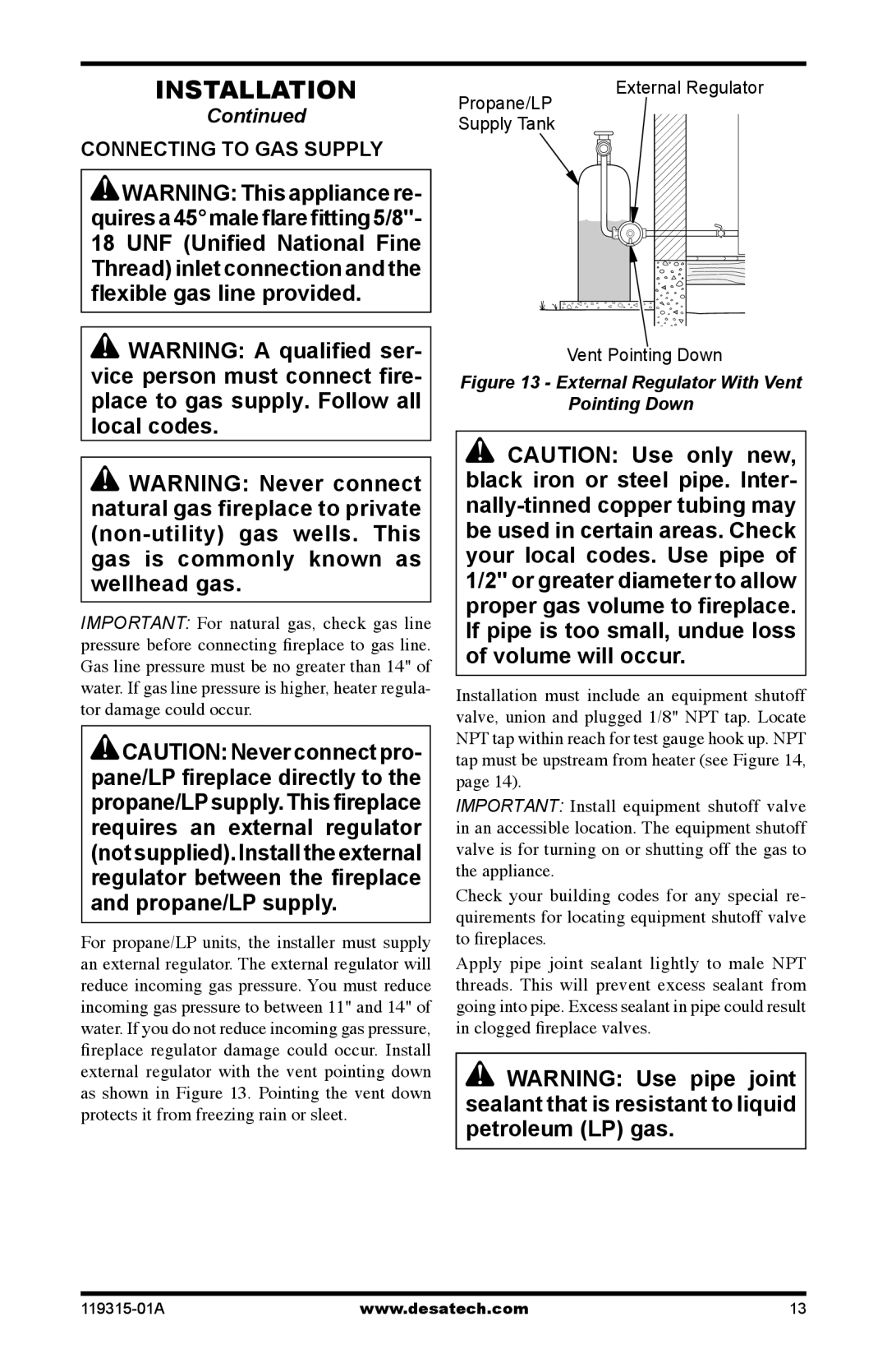 Desa CGMFP, CGMFN, VGMRN, VGMRP installation manual Connecting to GAS Supply, Propane/LP Supply Tank External Regulator 