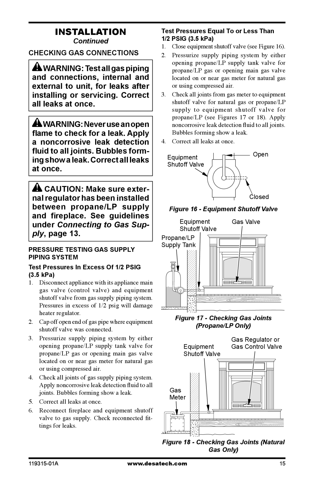 Desa VGMRP, CGMFN Checking GAS Connections, Test Pressures Equal To or Less Than Psig 3.5 kPa, Correct all leaks at once 