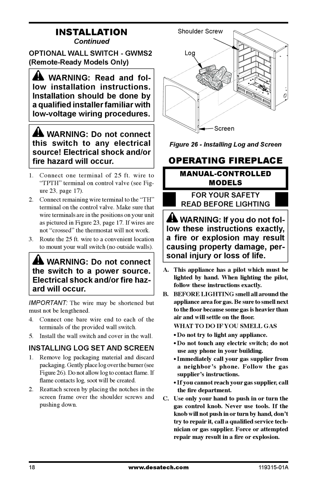 Desa VGMRN, CGMFN Operating Fireplace, Optional Wall Switch GWMS2 Remote-Ready Models Only, Installing LOG SET and Screen 