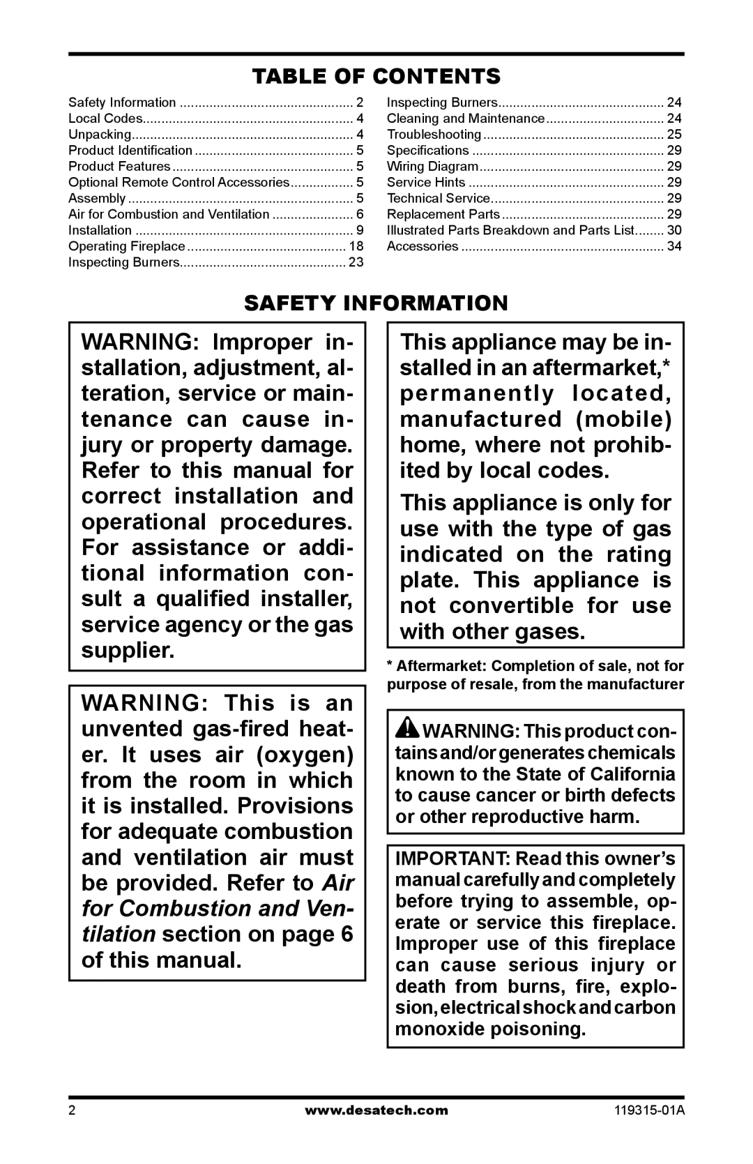 Desa VGMRN, CGMFN, CGMFP, VGMRP installation manual Table of Contents 