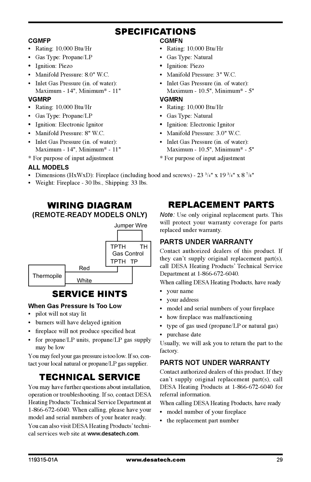 Desa CGMFP, CGMFN, VGMRN, VGMRP Specifications, Wiring Diagram, Replacement Parts, Service Hints, Technical Service 