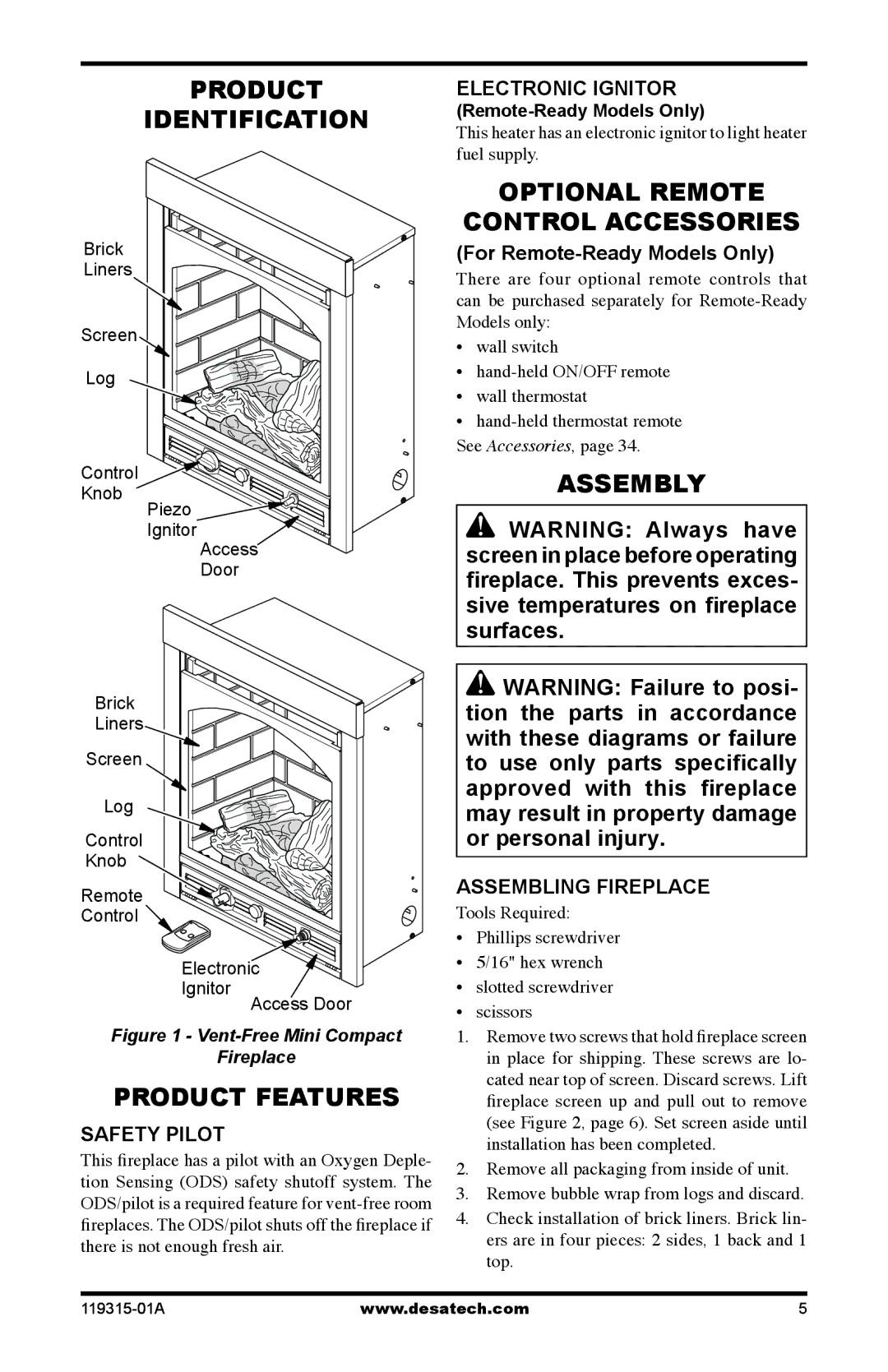 Desa CGMFP Product Identification, Product Features, Optional Remote Control Accessories, Assembly, Electronic Ignitor 