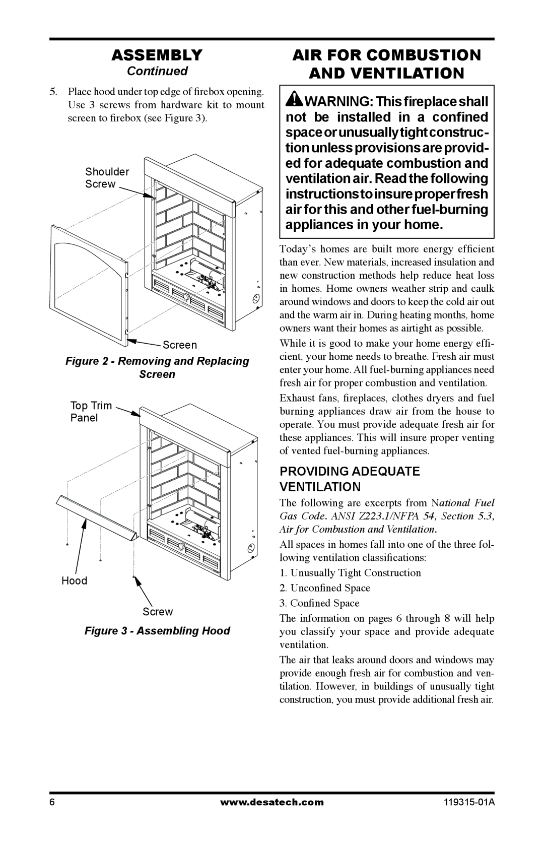 Desa VGMRN, CGMFN, CGMFP, VGMRP installation manual Air for Combustion Ventilation, Providing Adequate Ventilation 