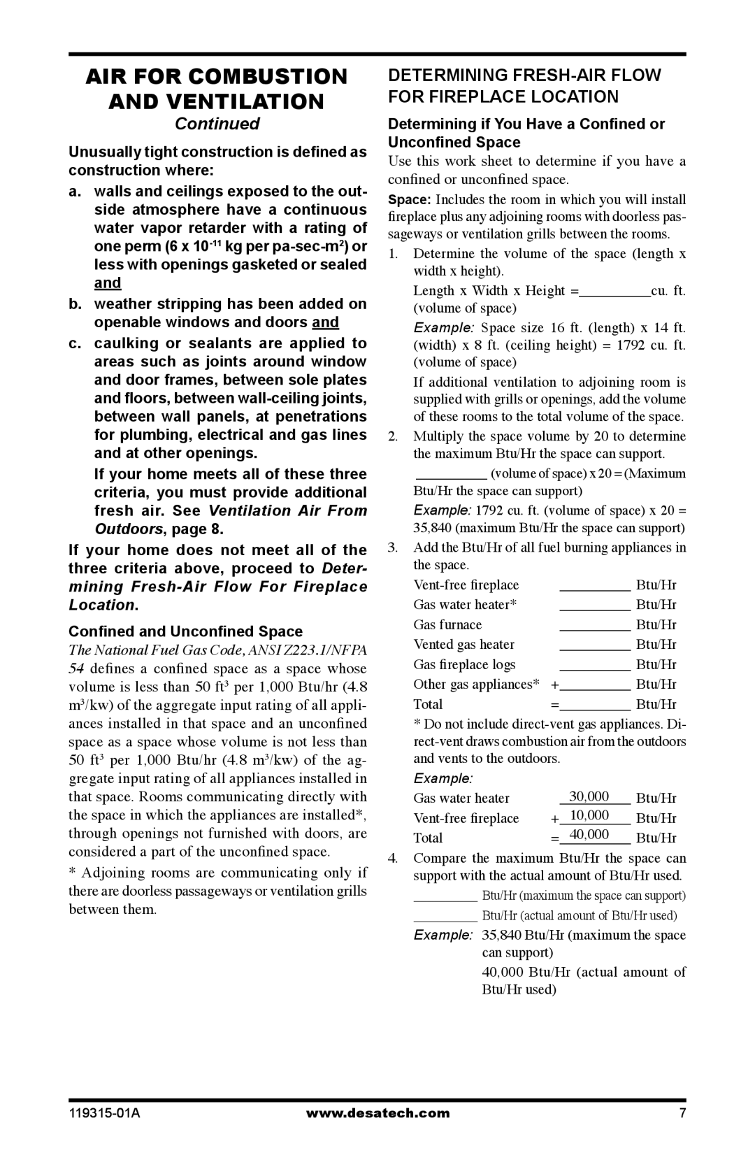 Desa VGMRP, CGMFN, CGMFP, VGMRN AIR for Combustion Ventilation, Determining FRESH-AIR Flow for Fireplace Location 