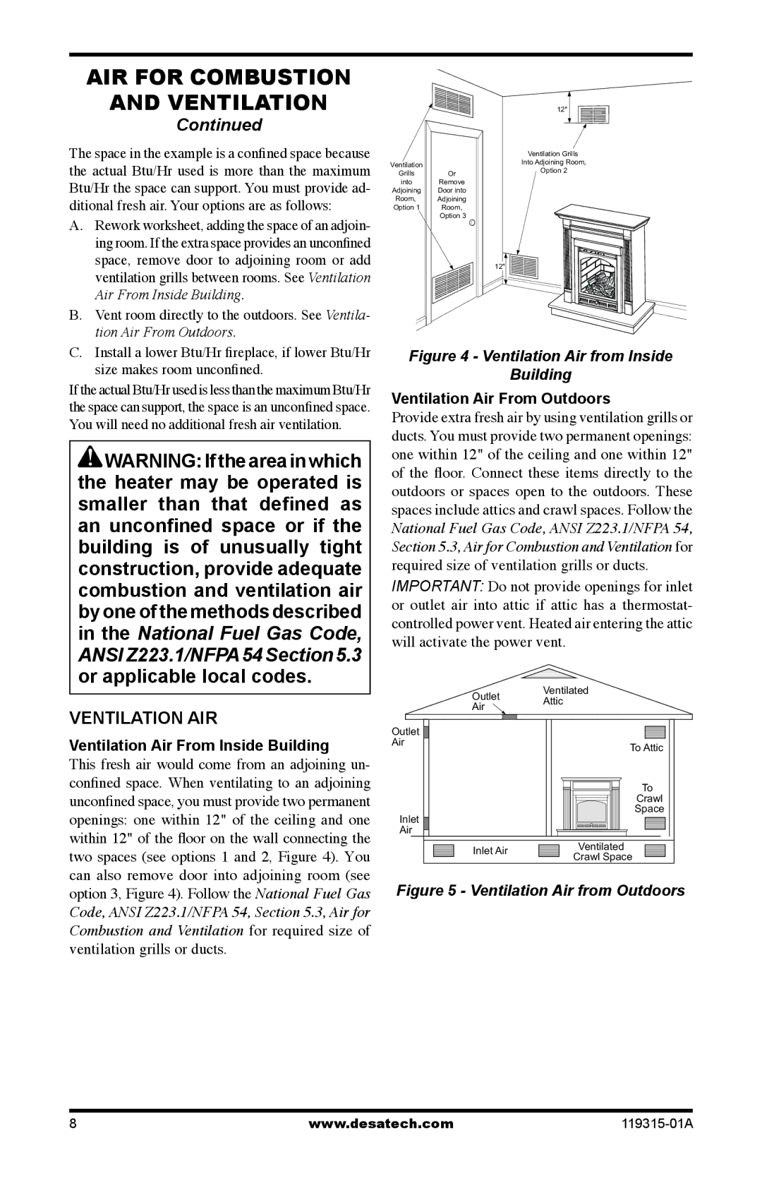 Desa CGMFN, CGMFP, VGMRN, VGMRP Ventilation AIR, Ventilation Air From Inside Building, Ventilation Air From Outdoors 