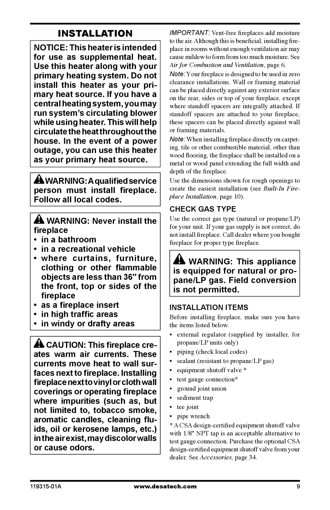 Desa CGMFP, CGMFN, VGMRN, VGMRP installation manual Check GAS Type, Installation Items 