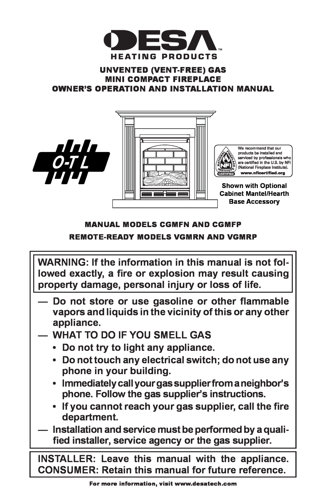 Desa CGMFP, CGMFN, VGMRN, VGMRP installation manual What To Do If You Smell Gas 