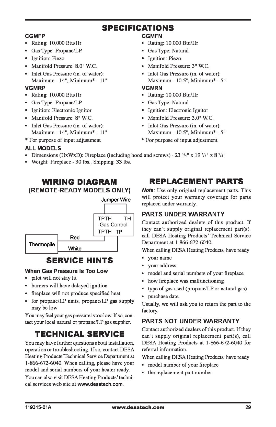 Desa CGMFP Specifications, Wiring Diagram, Replacement Parts, Service Hints, Technical Service, Remote-ReadyModels Only 