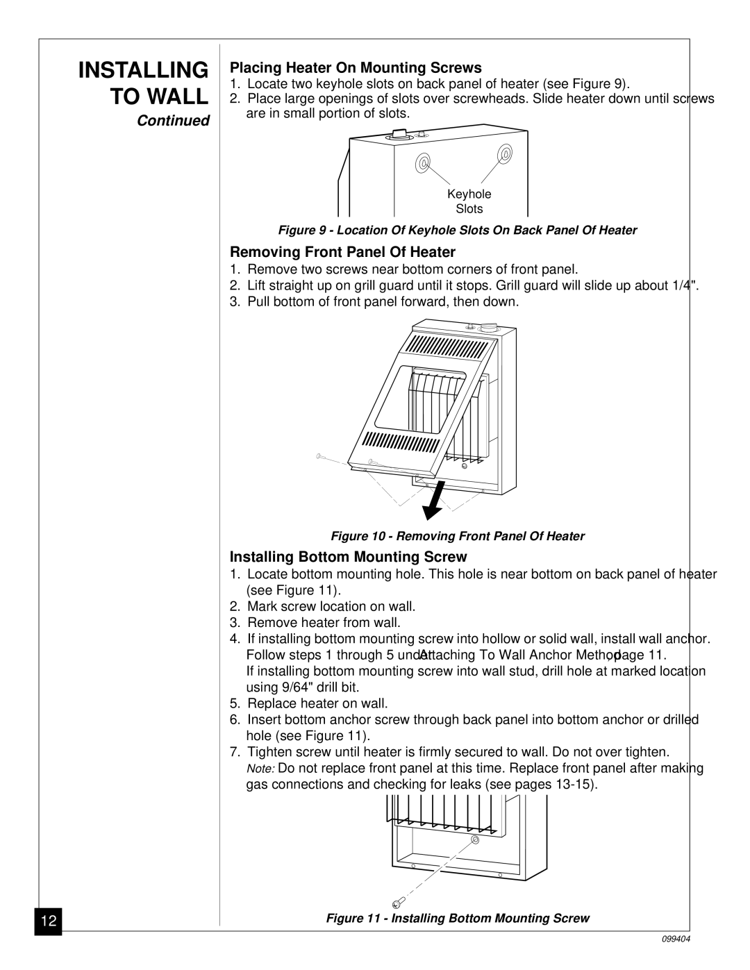 Desa CGN10 installation manual Placing Heater On Mounting Screws 