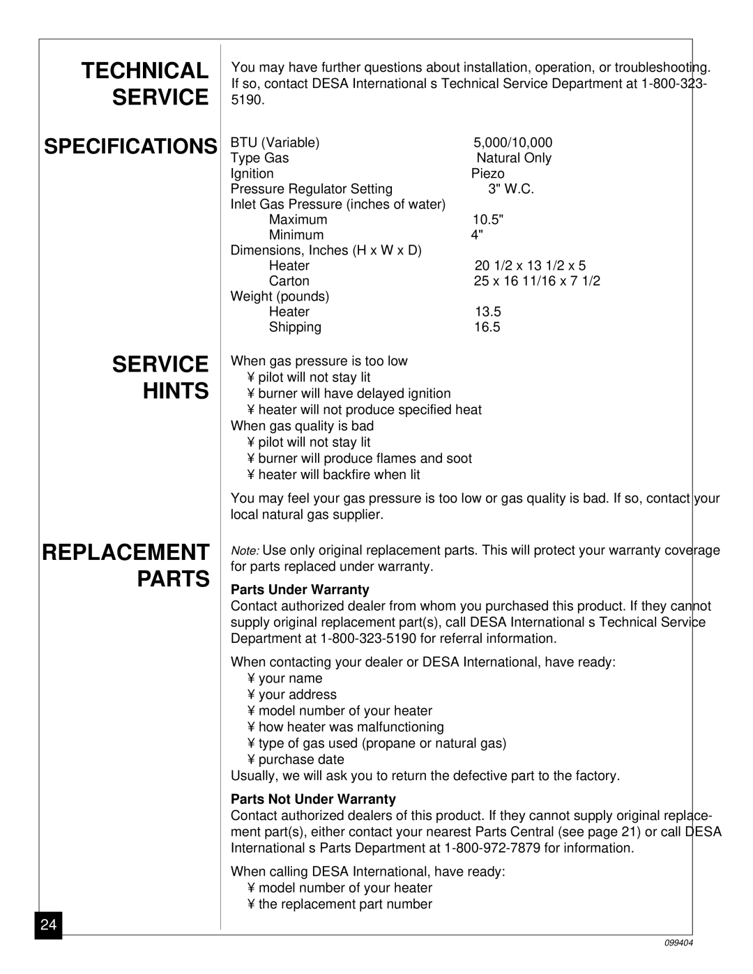 Desa CGN10 Technical Service, Service Hints Replacement Parts, Parts Under Warranty, Parts Not Under Warranty 