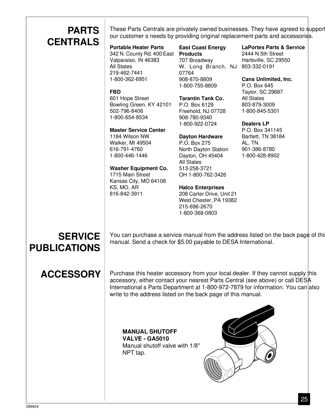 Desa CGN10 installation manual Parts Centrals, Service Publications Accessory, Valve GA5010 