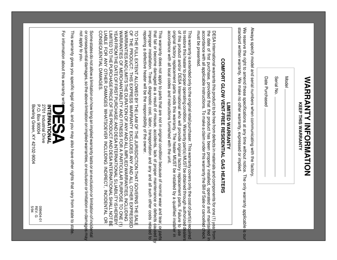 Desa CGN10 installation manual Warranty Information, Keep this Warranty 