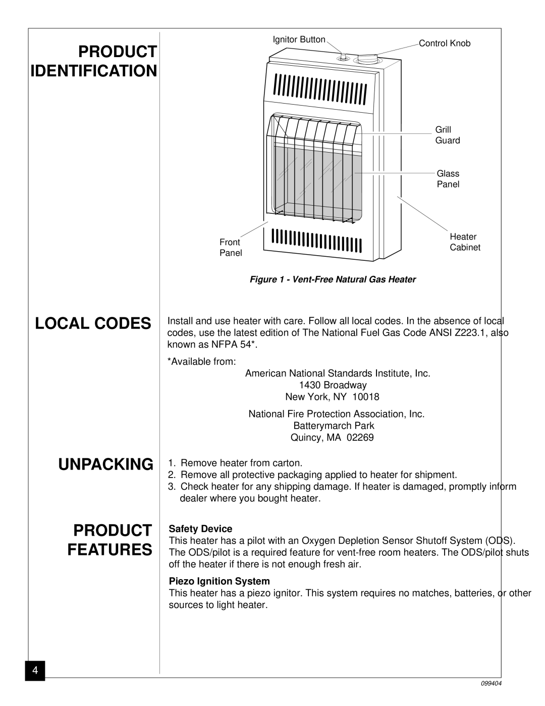 Desa CGN10 Product Identification, Local Codes Unpacking Product Features, Safety Device, Piezo Ignition System 