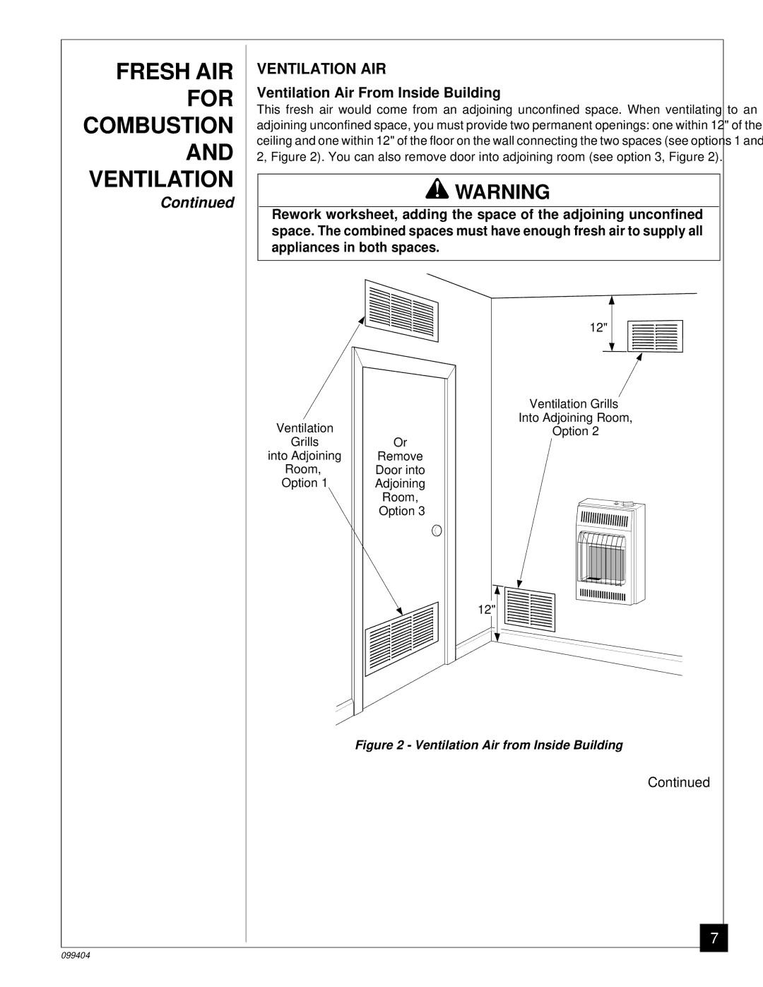 Desa CGN10 installation manual Ventilation AIR, Ventilation Air From Inside Building 