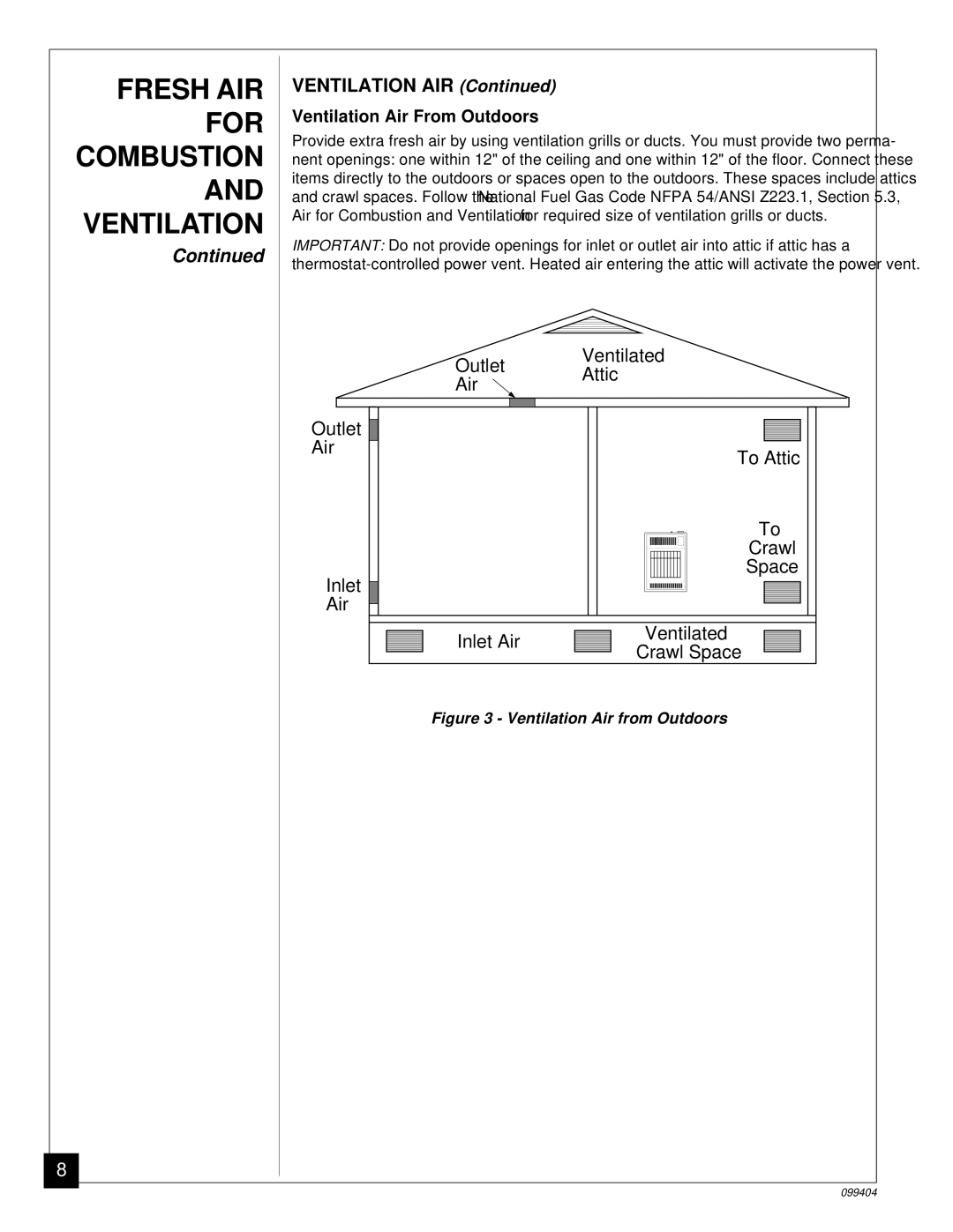 Desa CGN10 installation manual Ventilation AIR, Ventilation Air From Outdoors 