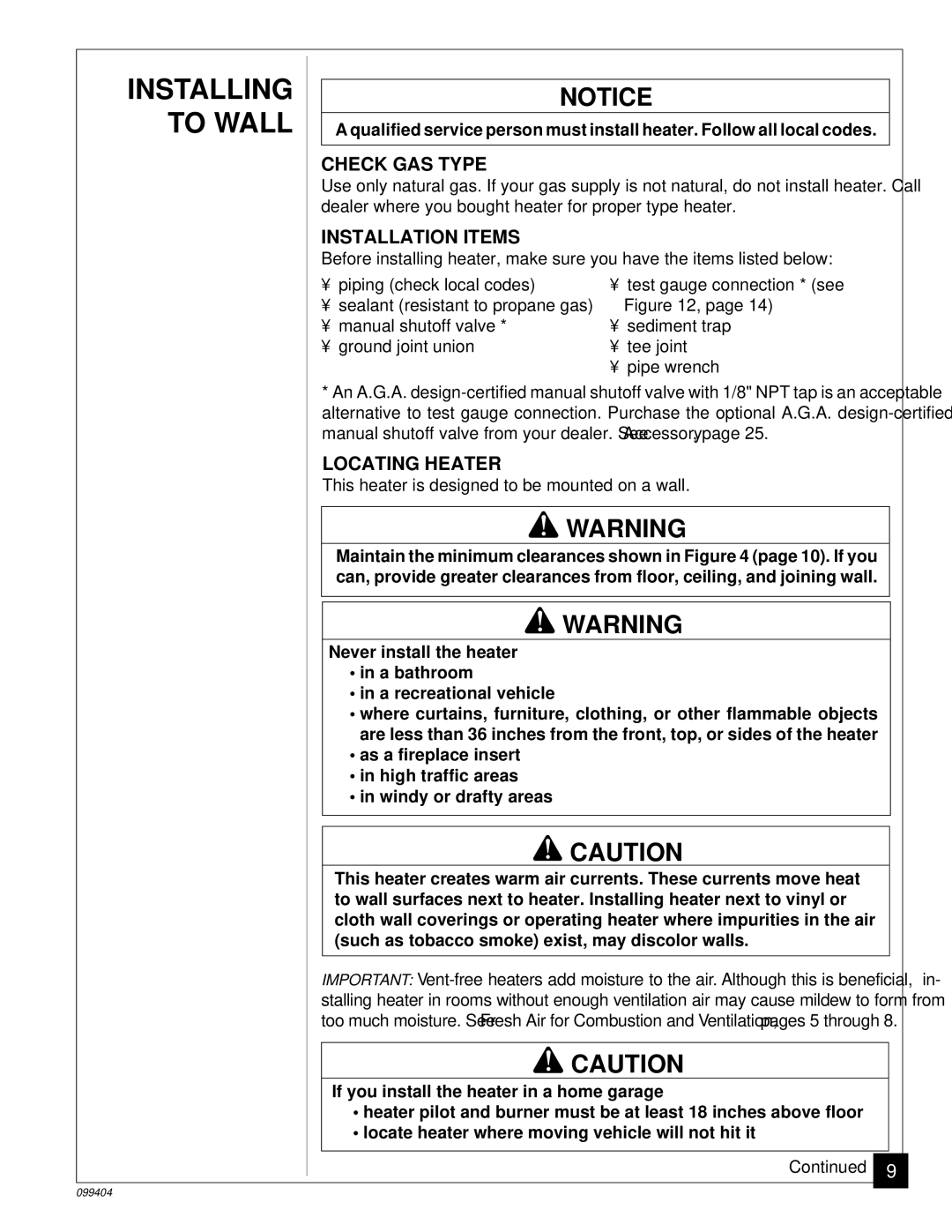 Desa CGN10 installation manual Installing To Wall, Check GAS Type, Installation Items, Locating Heater 