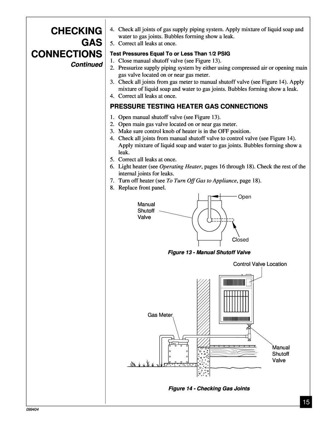 Desa CGN10 installation manual Checking, Continued, Pressure Testing Heater Gas Connections 