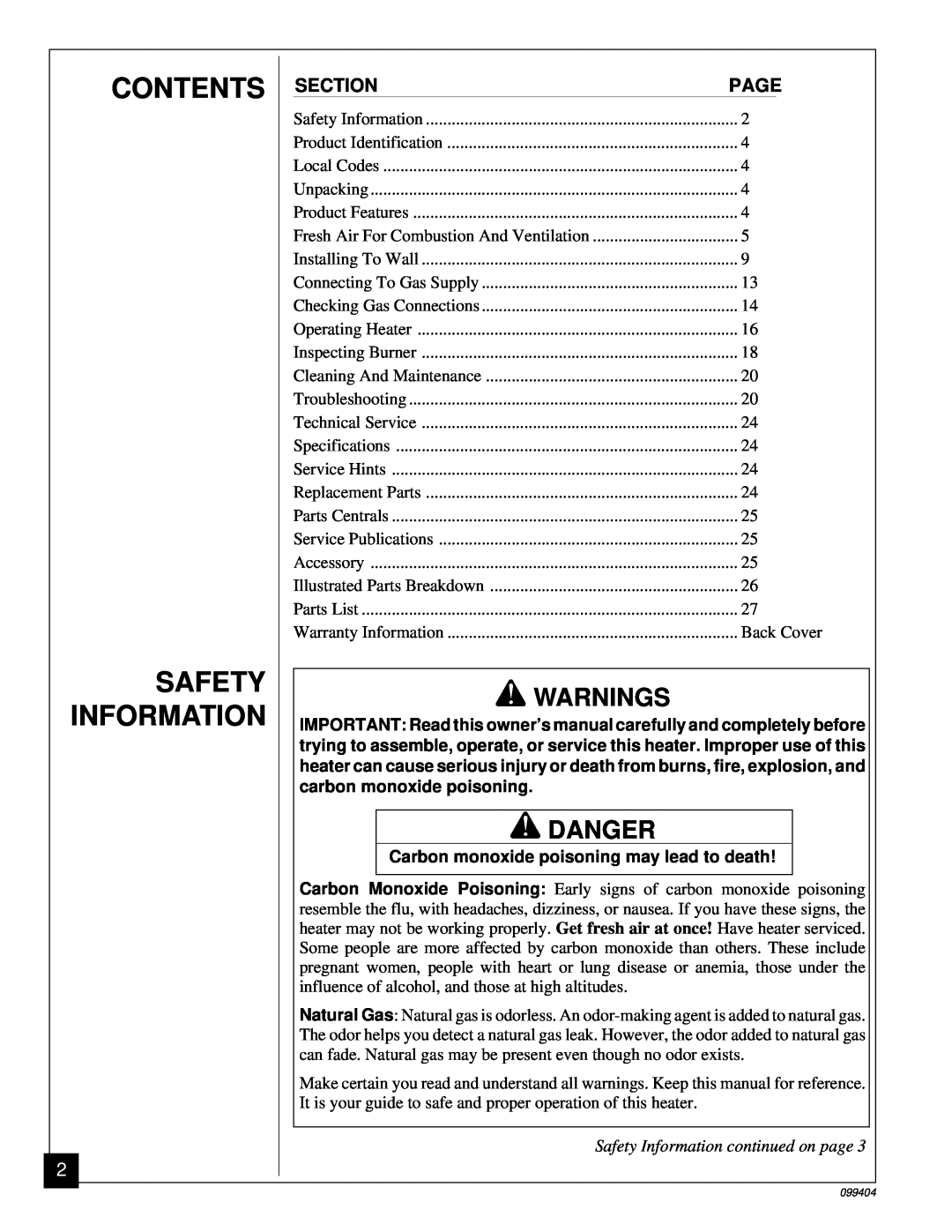 Desa CGN10 installation manual Contents Safety Information, Danger, Carbon monoxide poisoning may lead to death 