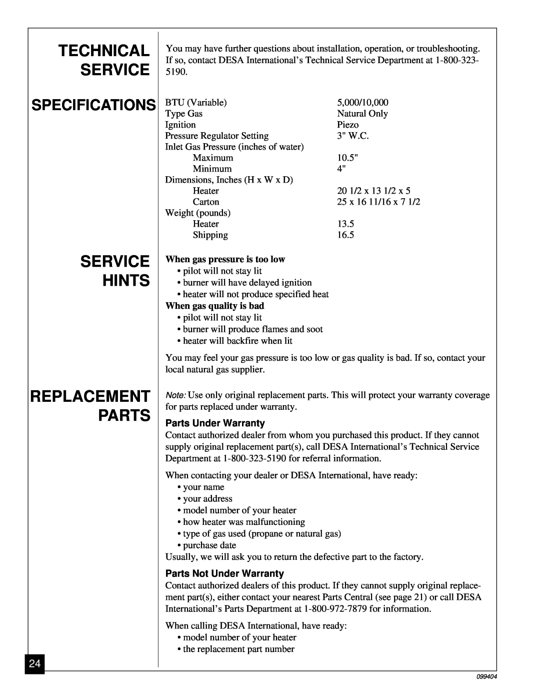 Desa CGN10 installation manual Technical Service, Service Hints Replacement Parts, Specifications, Parts Under Warranty 