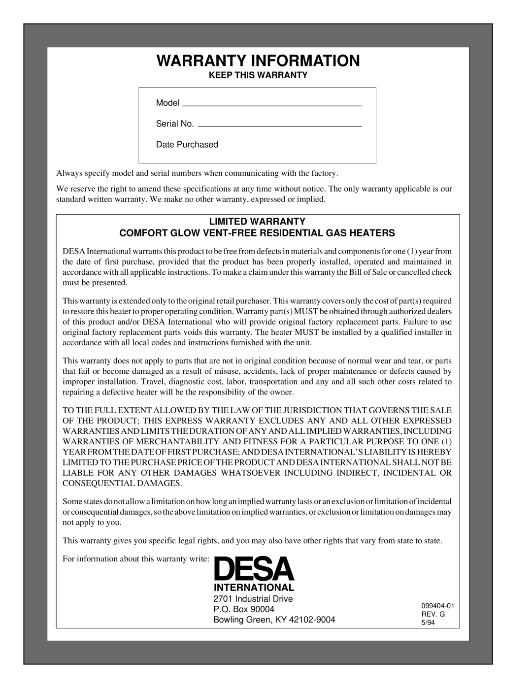 Desa CGN10 installation manual Warranty Information, Limited Warranty Comfort Glow Vent-Free Residential Gas Heaters 