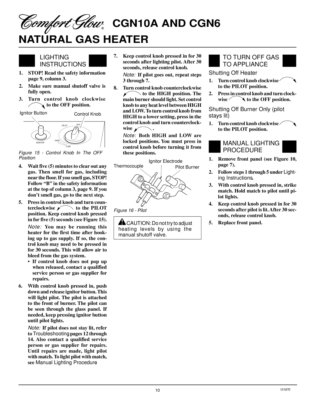 Desa CGN10A, CGN6 Lighting Instructions, To Turn OFF GAS To Appliance, Manual Lighting Procedure, Shutting Off Heater 