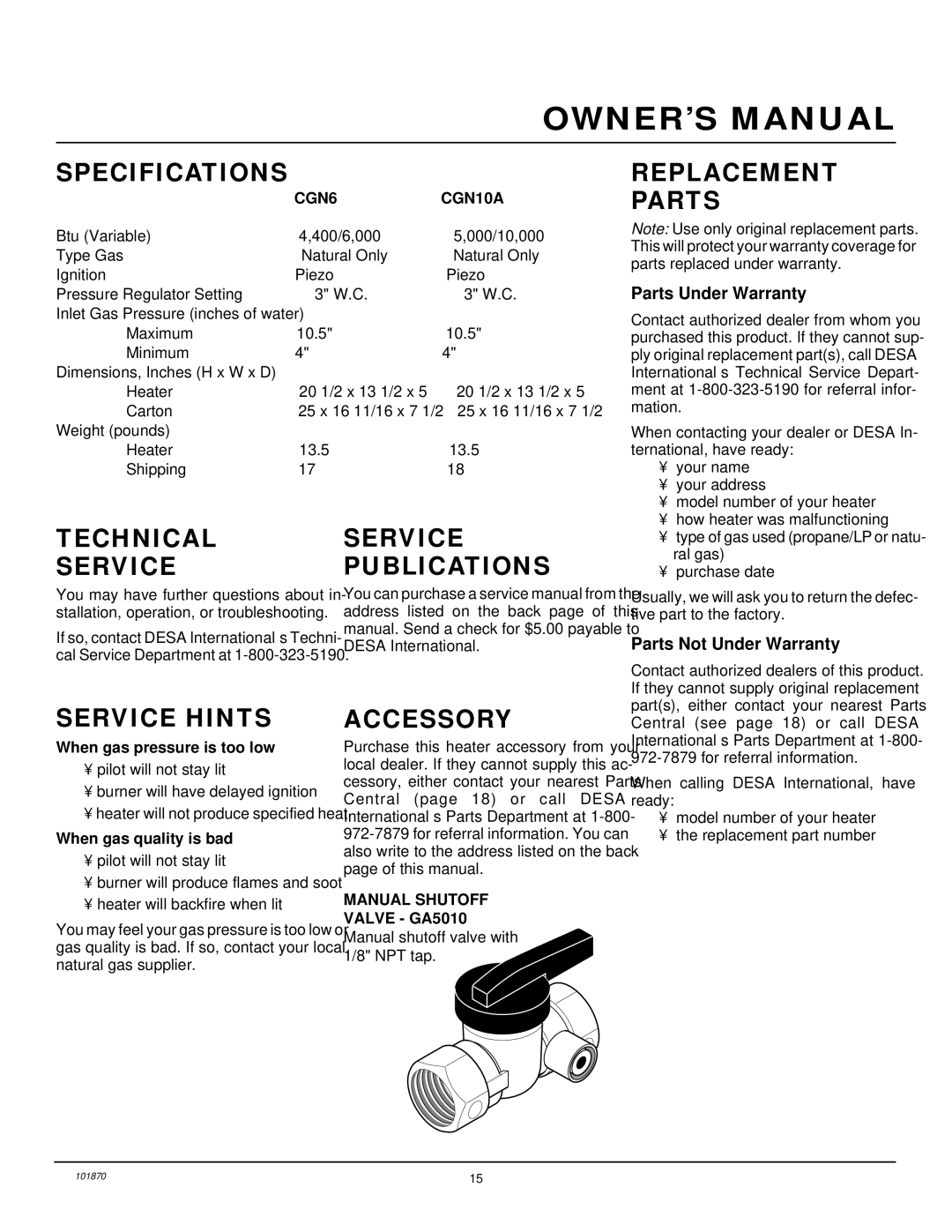 Desa CGN6, CGN10A Specifications, Replacement Parts, Technical Service, Service Publications, Service Hints, Accessory 