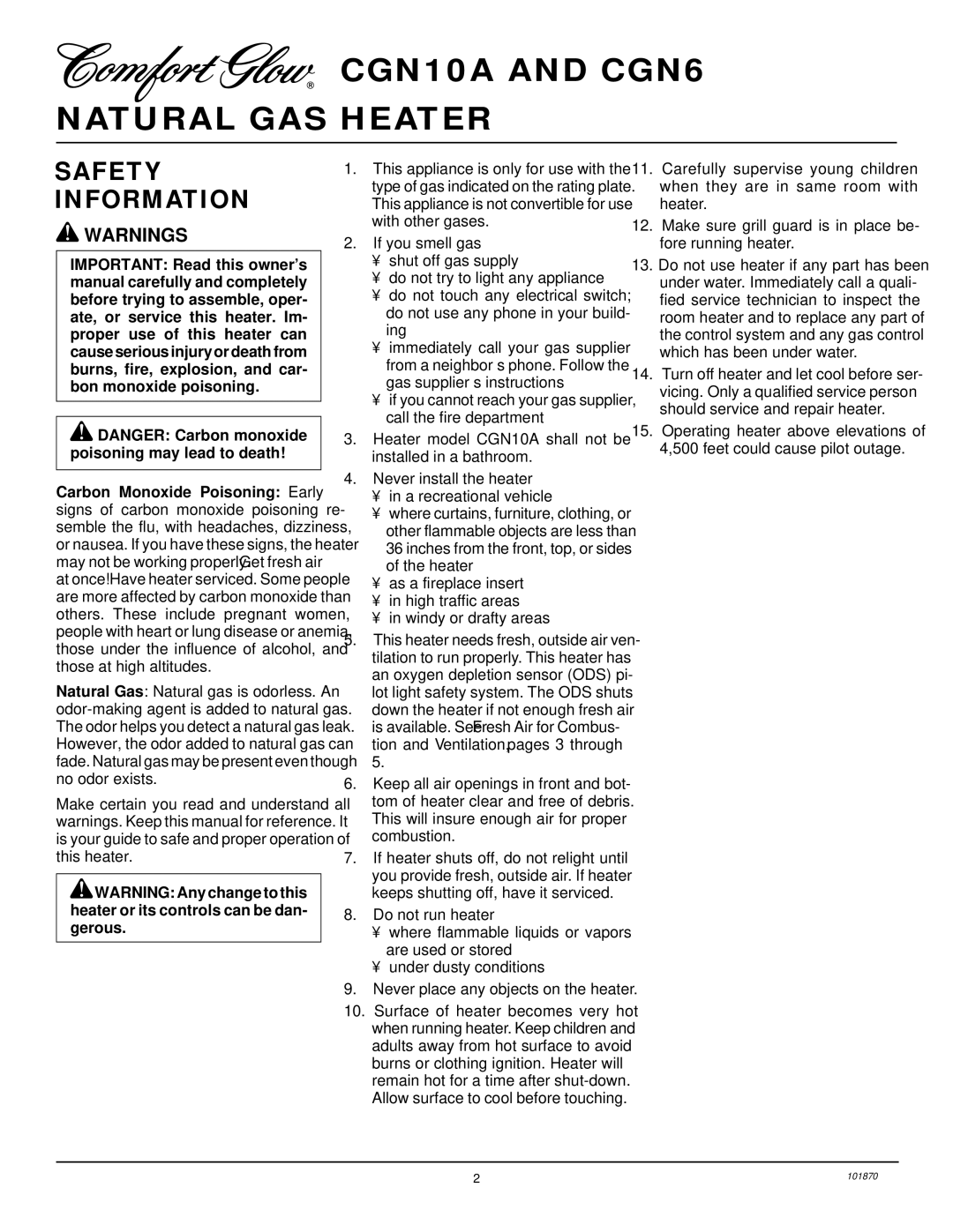 Desa installation manual CGN10A and CGN6 Natural GAS Heater, Safety Information 