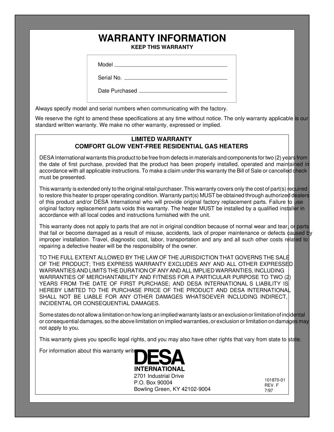 Desa CGN10A, CGN6 installation manual Warranty Information, Keep this Warranty 