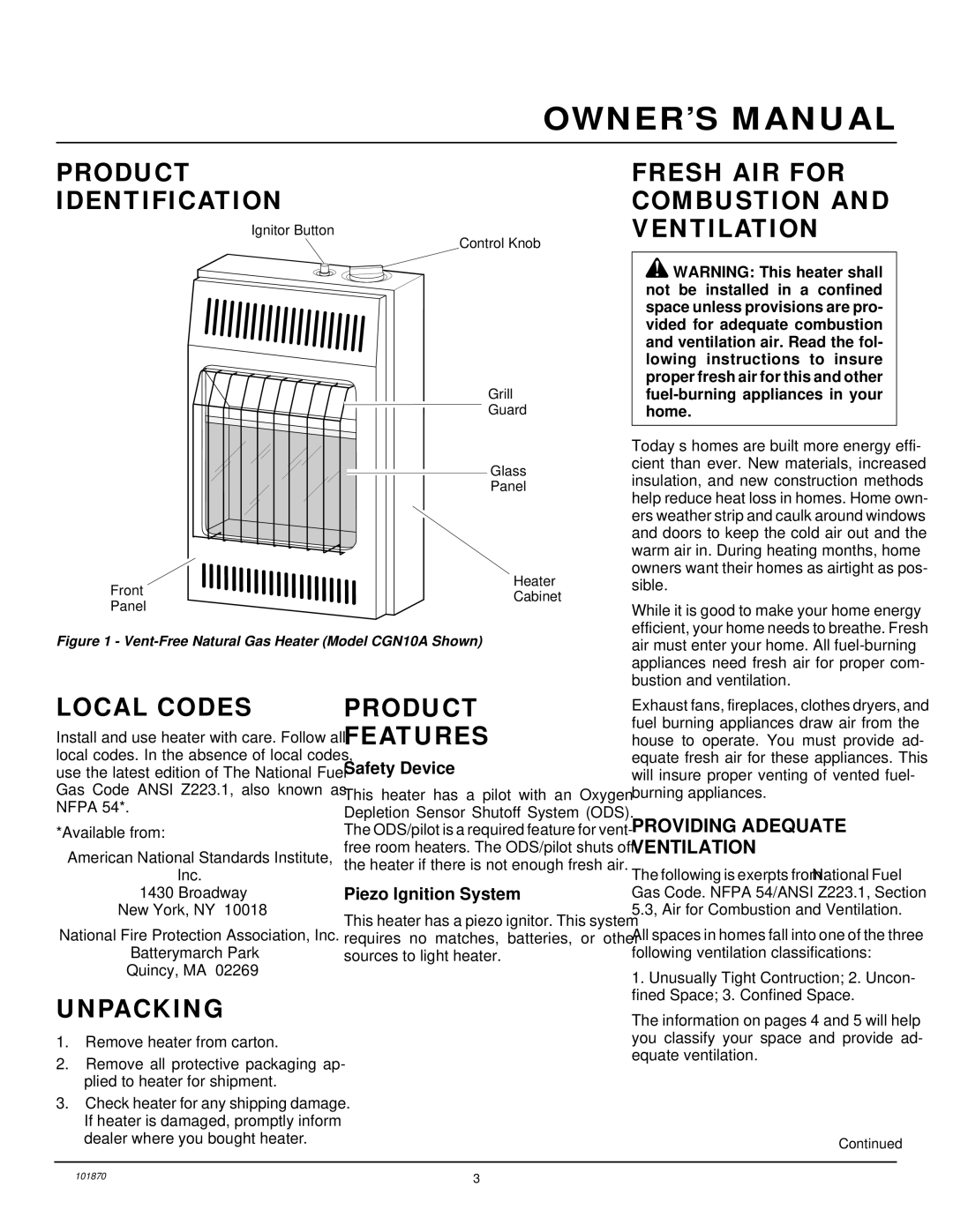 Desa CGN6 Product Identification, Fresh AIR for Combustion and Ventilation, Local Codes, Product Features, Unpacking 