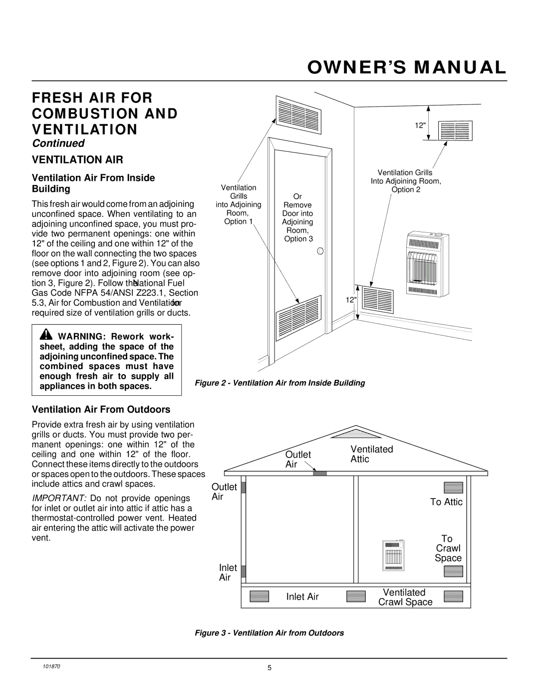 Desa CGN6, CGN10A installation manual Ventilation AIR, Ventilation Air From Inside Building, Ventilation Air From Outdoors 