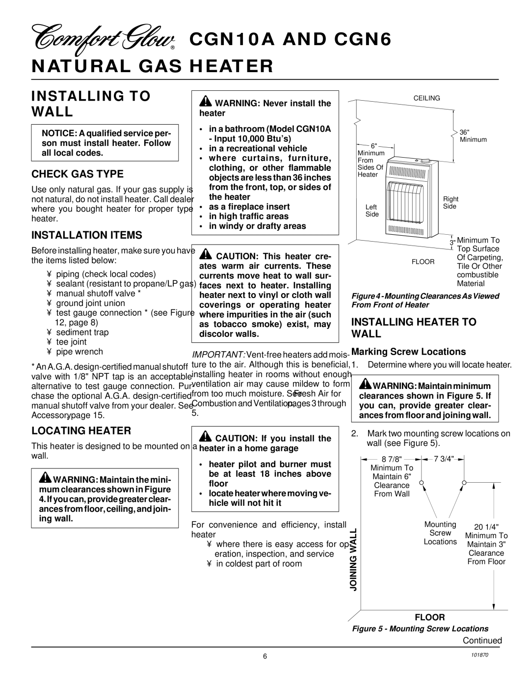 Desa CGN10A, CGN6 Installing to Wall, Check GAS Type, Installation Items, Locating Heater, Installing Heater to Wall 