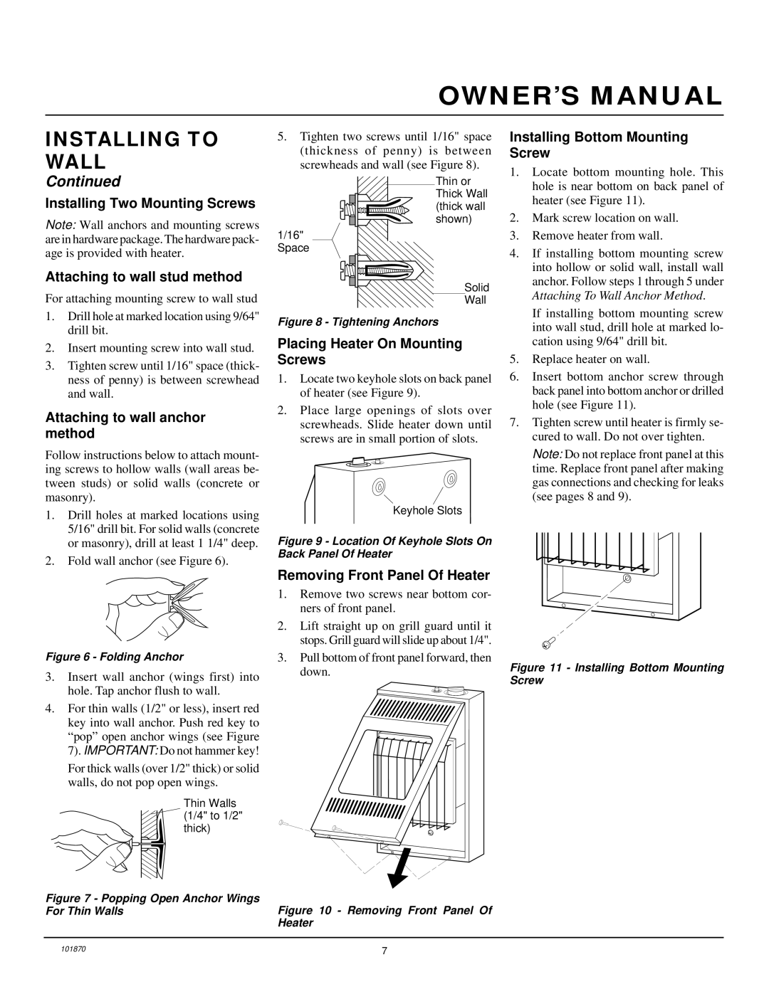 Desa CGN6, CGN10A Attaching to wall anchor method, Placing Heater On Mounting Screws, Removing Front Panel Of Heater 