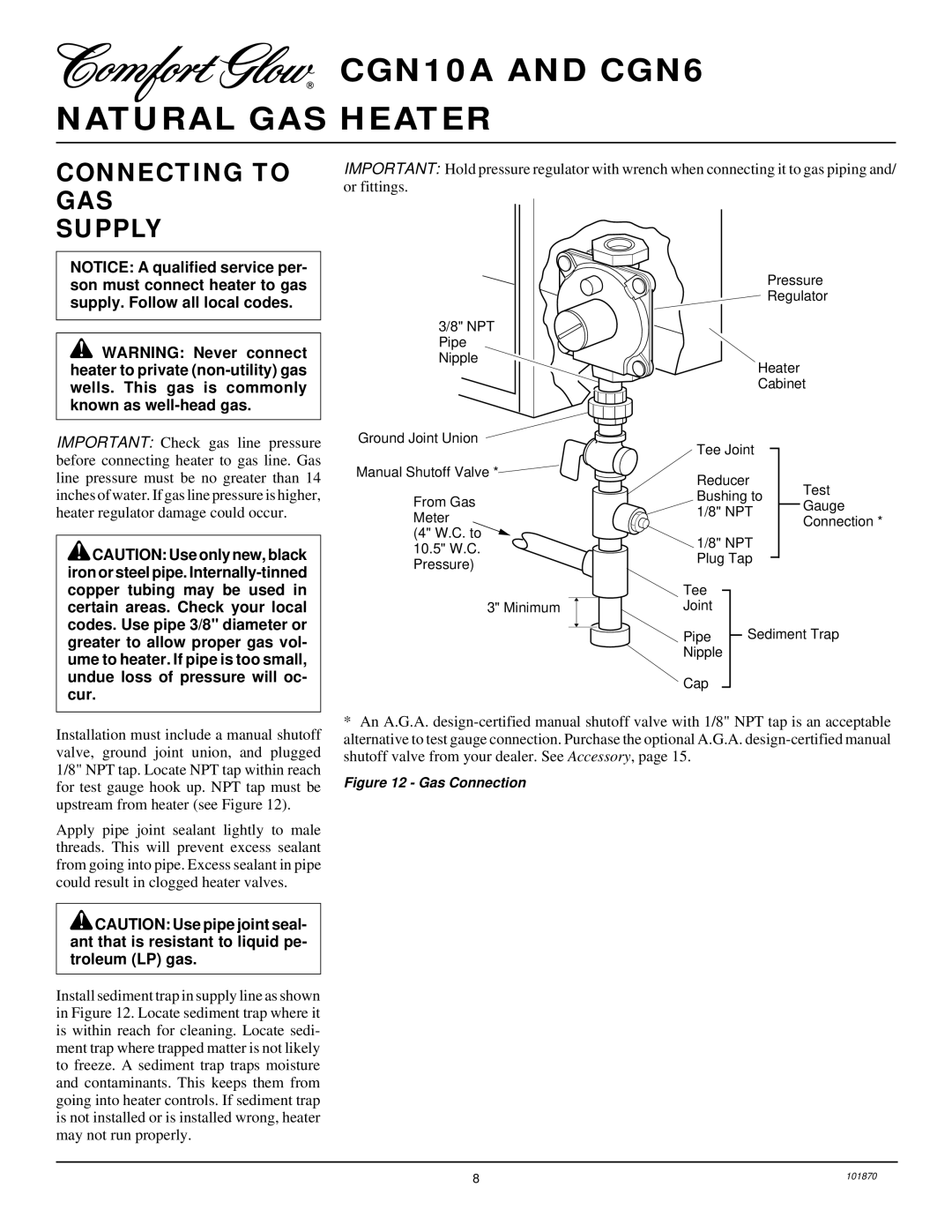 Desa CGN10A, CGN6 installation manual Connecting to GAS Supply, Gas Connection 