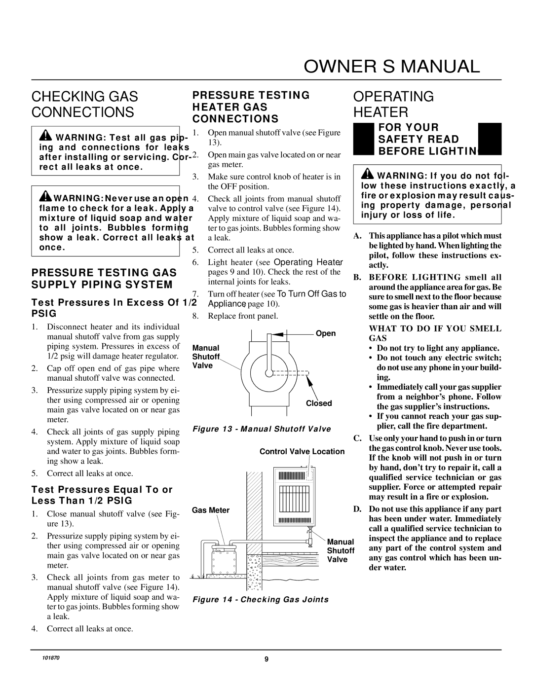 Desa CGN6, CGN10A installation manual Checking GAS Connections, Operating Heater, Pressure Testing GAS Supply Piping System 