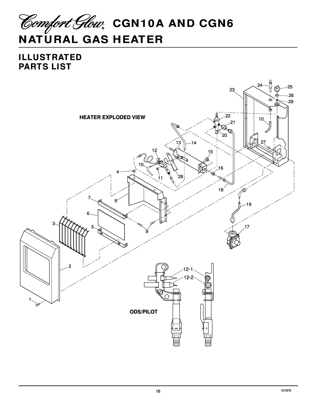 Desa installation manual Illustrated Parts List, CGN10A AND CGN6 NATURAL GAS HEATER, Heater Exploded View, Ods/Pilot 
