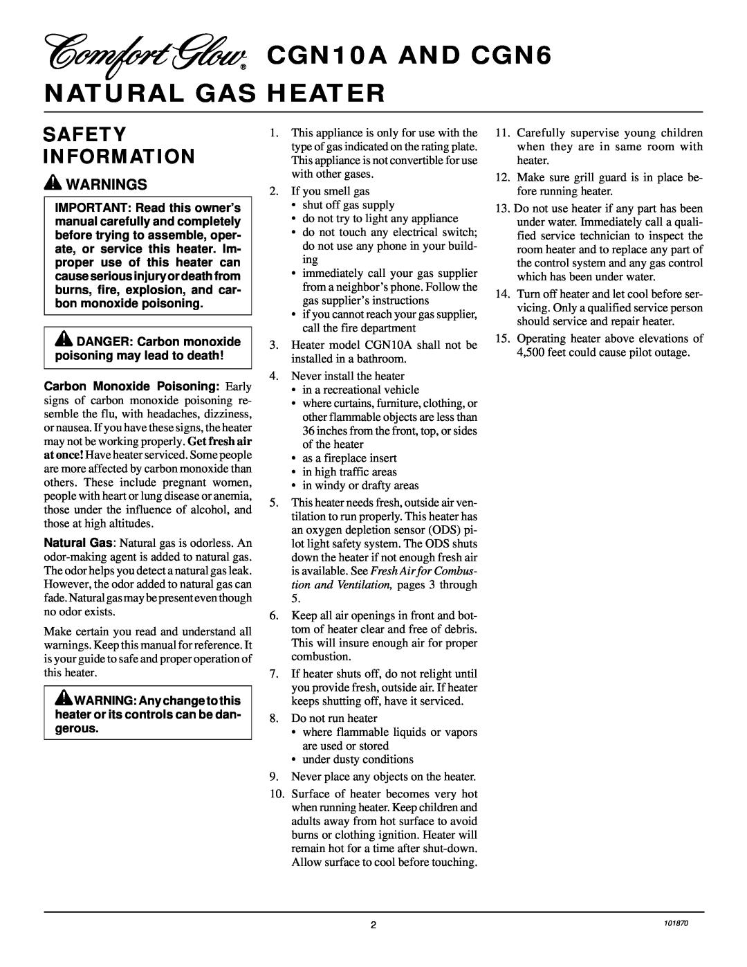 Desa installation manual CGN10A AND CGN6 NATURAL GAS HEATER, Safety Information, Warnings 