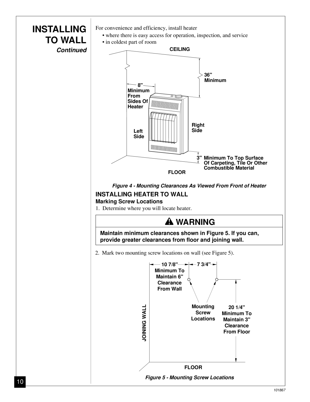 Desa CGN10R installation manual Installing Heater to Wall, Marking Screw Locations 