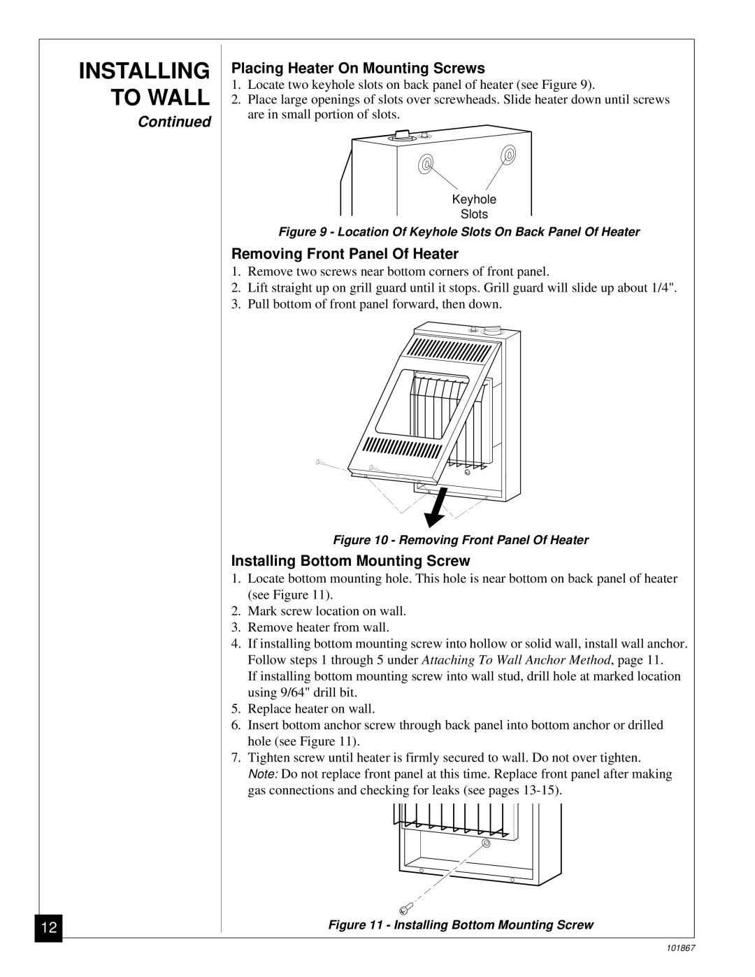 Desa CGN10R installation manual Placing Heater On Mounting Screws 