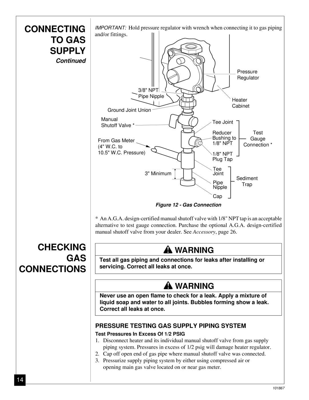 Desa CGN10R Connecting, To GAS Supply, Checking GAS Connections, Pressure Testing GAS Supply Piping System 