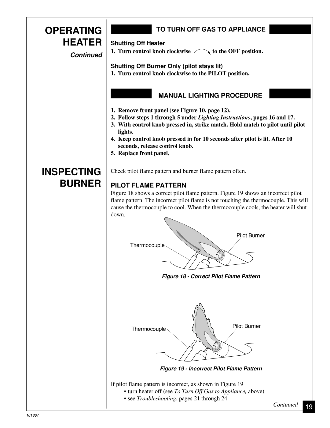 Desa CGN10R installation manual Operating Heater Inspecting Burner, To Turn OFF GAS to Appliance, Manual Lighting Procedure 
