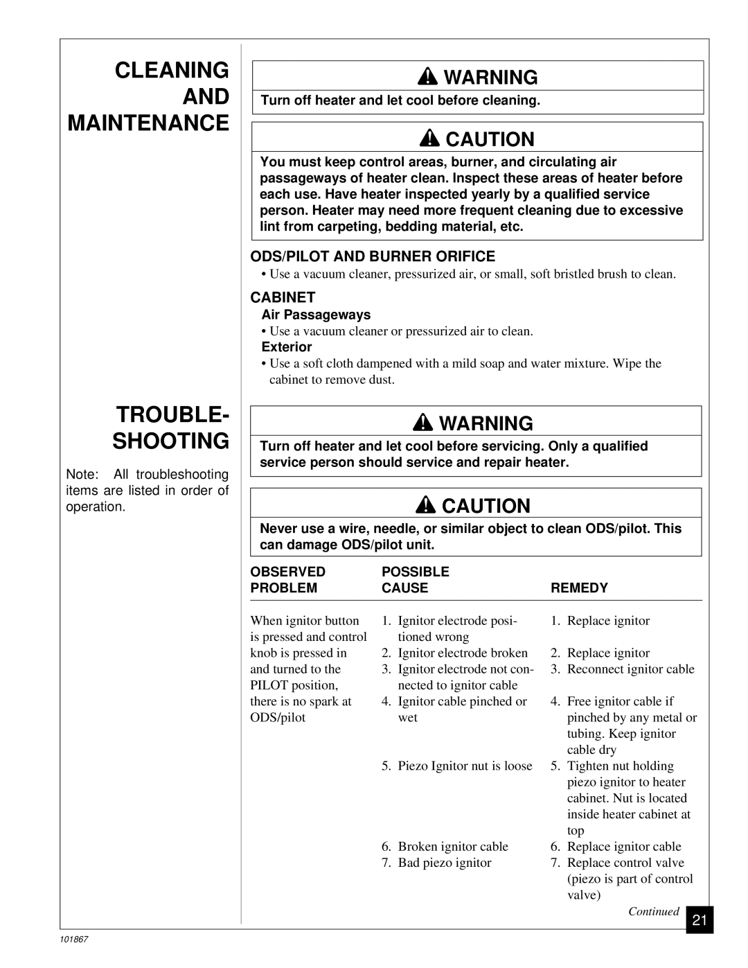 Desa CGN10R Cleaning and Maintenance Trouble Shooting, ODS/PILOT and Burner Orifice, Cabinet, Air Passageways, Exterior 