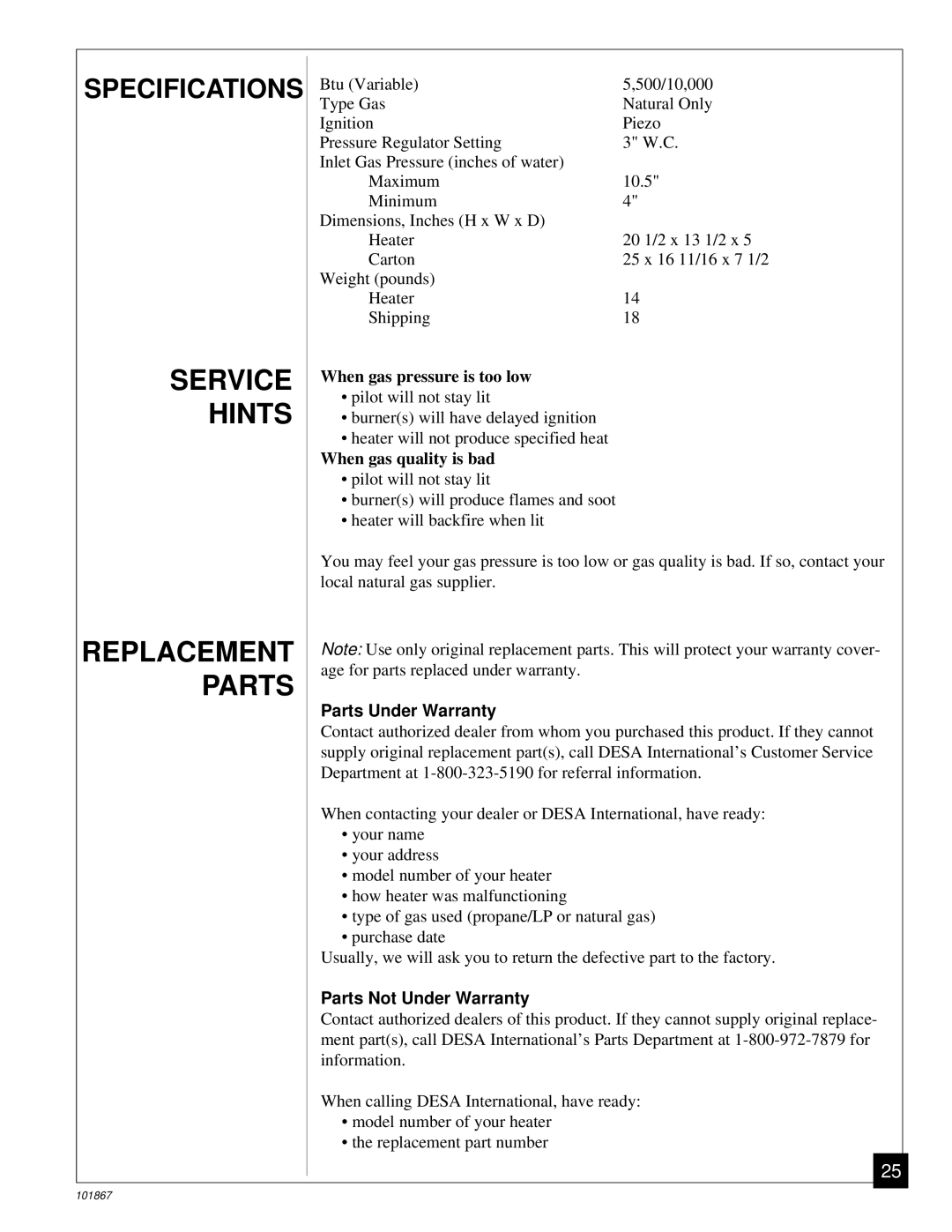 Desa CGN10R installation manual Service Hints Replacement Parts, Parts Under Warranty, Parts Not Under Warranty 