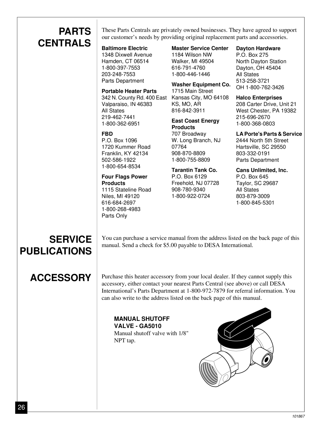 Desa CGN10R installation manual Parts Centrals, Service Publications Accessory, Valve GA5010 