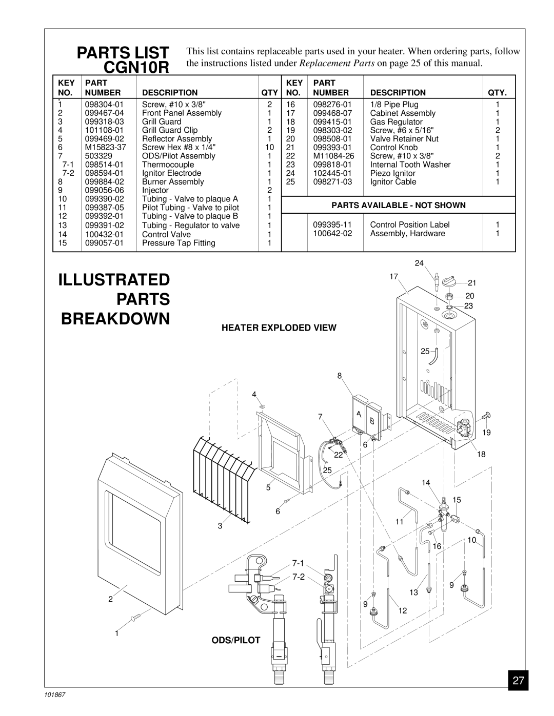 Desa installation manual Illustrated Parts Breakdown, Parts List CGN10R 